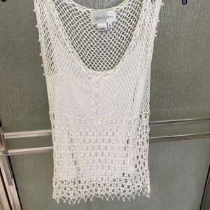 Vera Crutina Vintage White Sleeveless  knitted beaded Top, Size M,